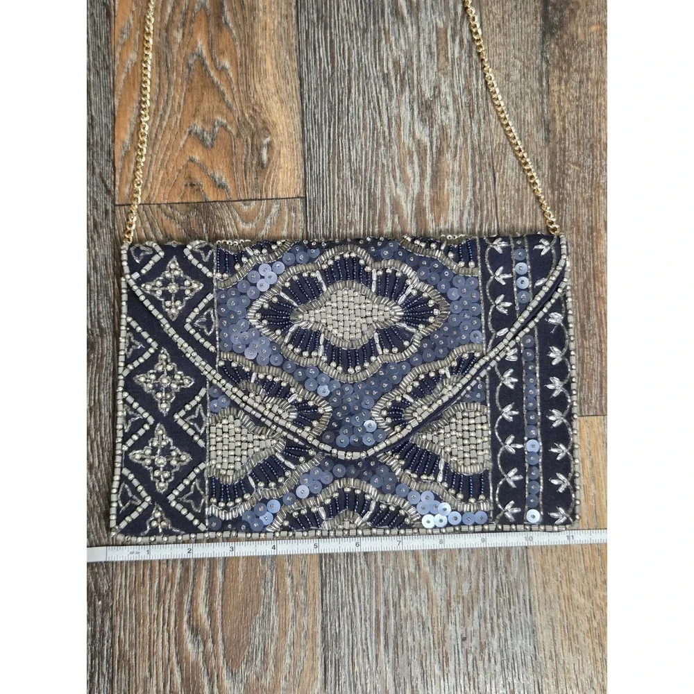 Navy Blue Beaded Sequin Envelope Clutch Bag Gold Chain Crossbody Evening Purse